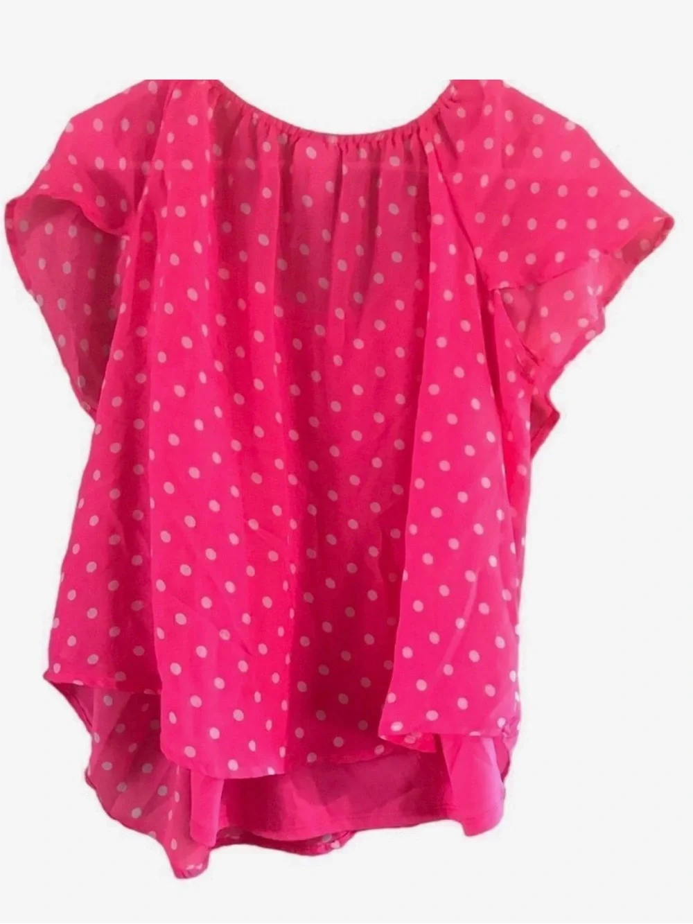 Justice Hot Pink Polka Dot Ruffle Top with Trimmed Scoop Neck